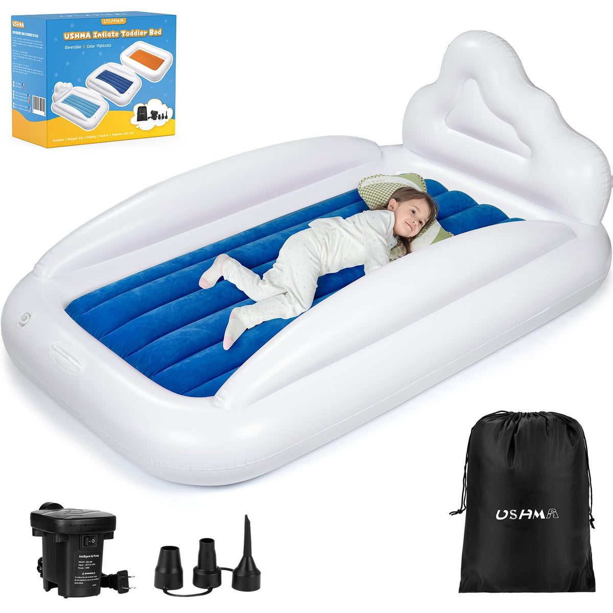 USHMA inflatable toddler travel bed with guard rails for secure sleep on the go