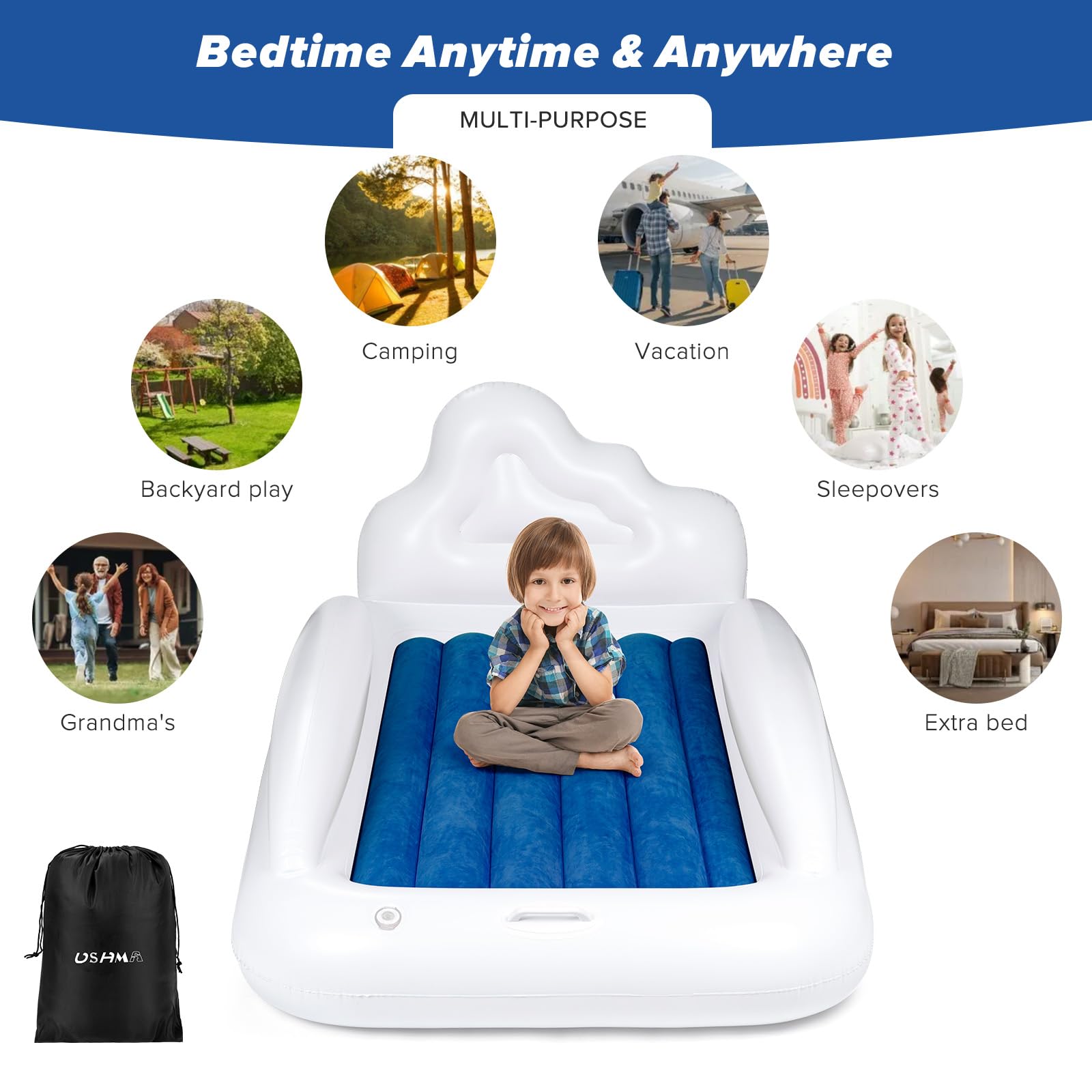 USHMA portable toddler bed in a travel bag fits in carry-on luggage