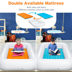 USHMA travel bed includes pump and bag for quick setup on the go.