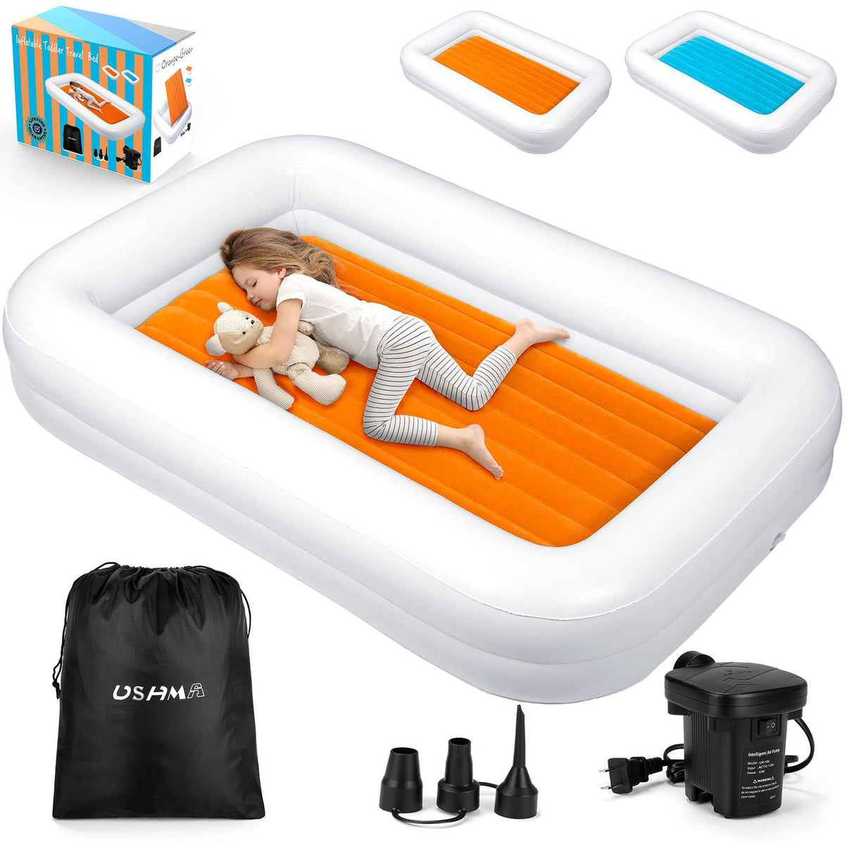 USHMA toddler travel bed with deep guard rails for secure sleep.