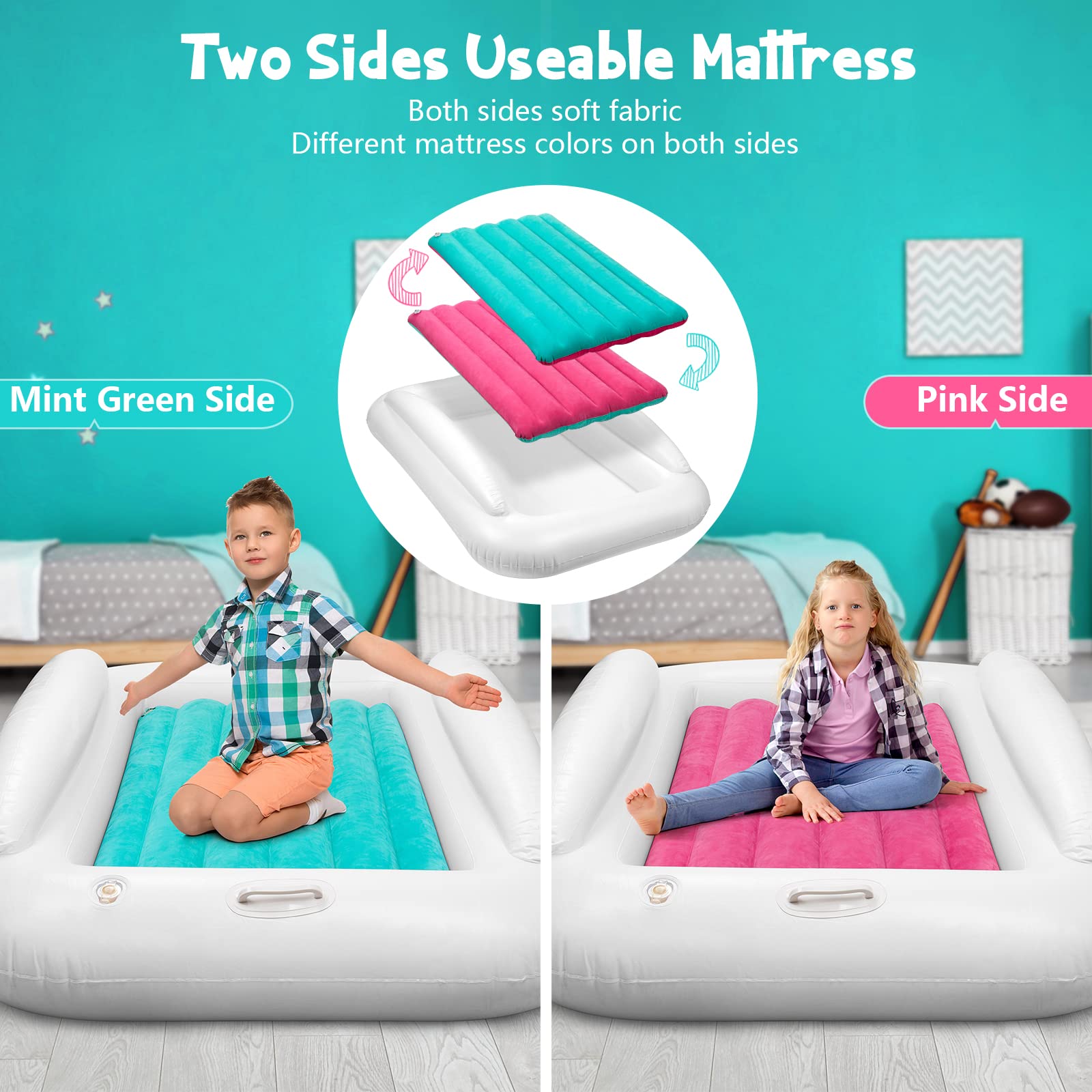 USHMA travel bed showing mint-green and pink reversible colors for routines.