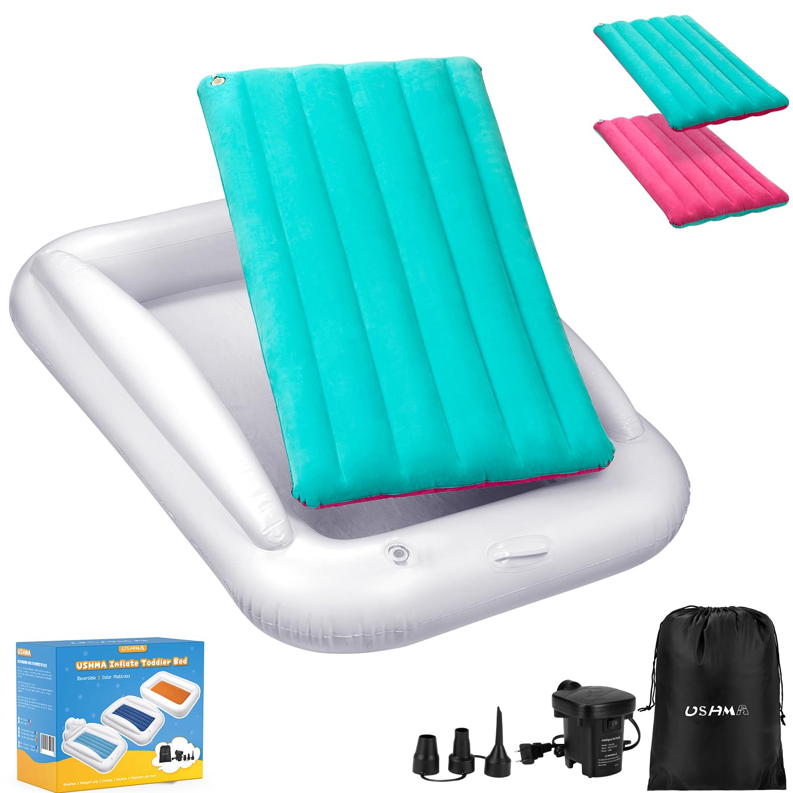USHMA toddler travel bed with safety rails keeps little sleepers secure at bedtime.