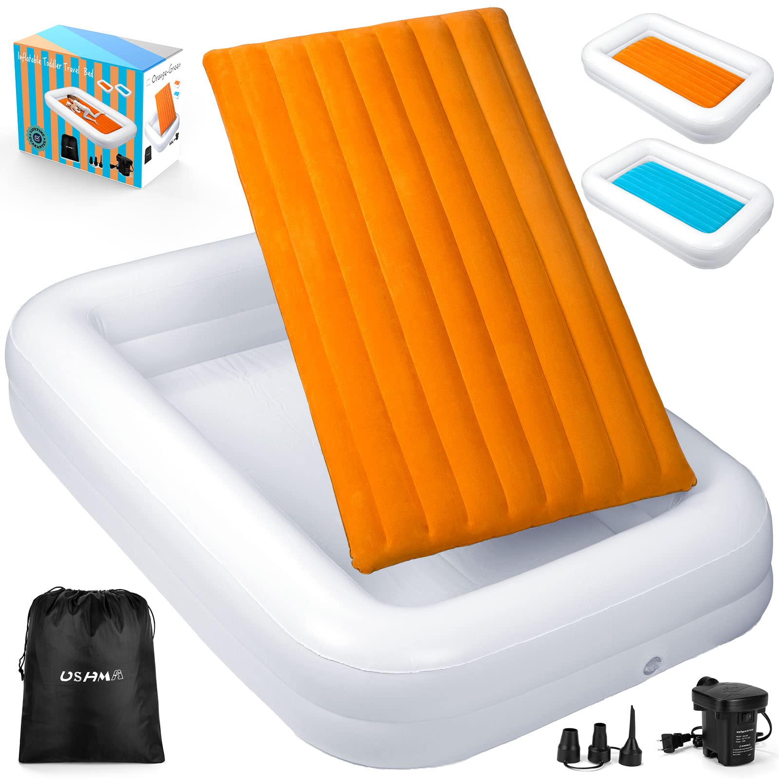USHMA inflatable bed ready for travel, sleepovers, and camping.