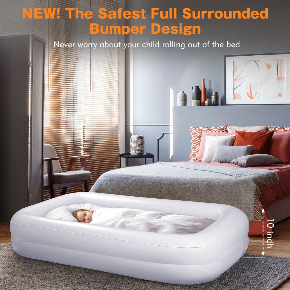 USHMA toddler travel bed two-color sides orange and aquamarine for kid-friendly comfort.