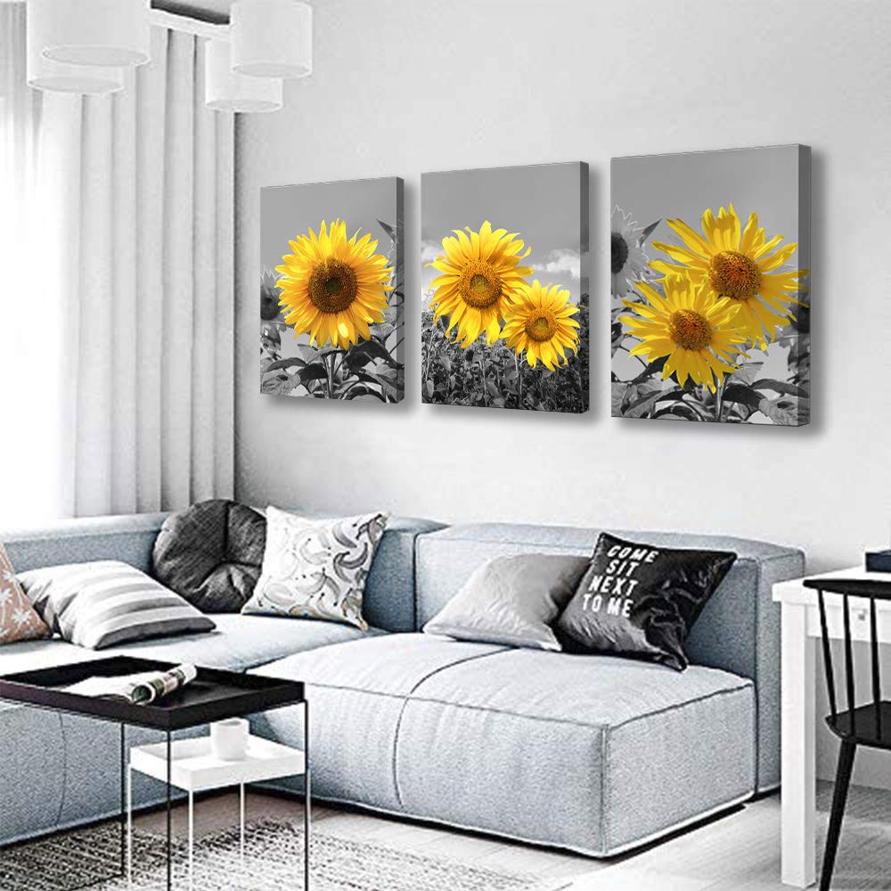 USIXA sunflower wall art wood-framed trio enhances modern spaces