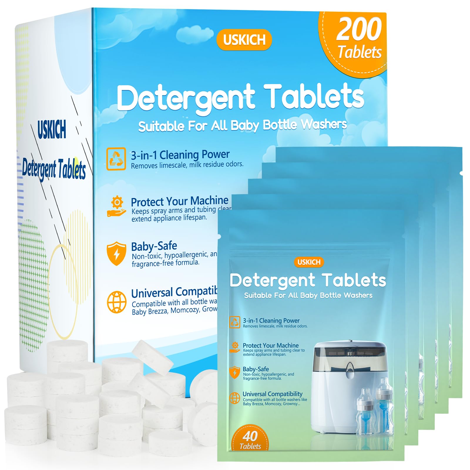 USKICH 200pcs tablets for bottle washer pack delivers powerful cleaning