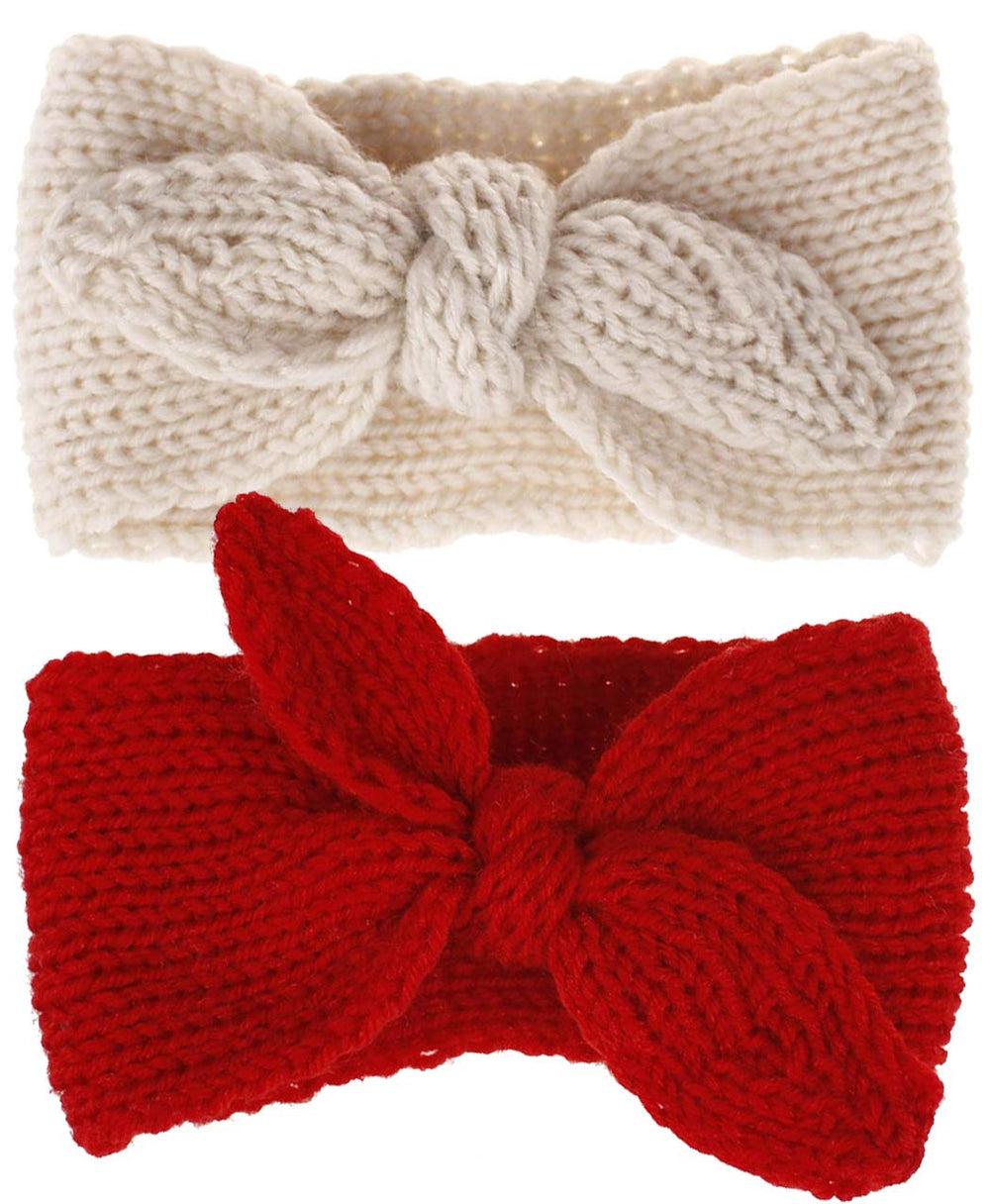 Utaly winter kids headband with rabbit knot in red-beige offers cozy warmth