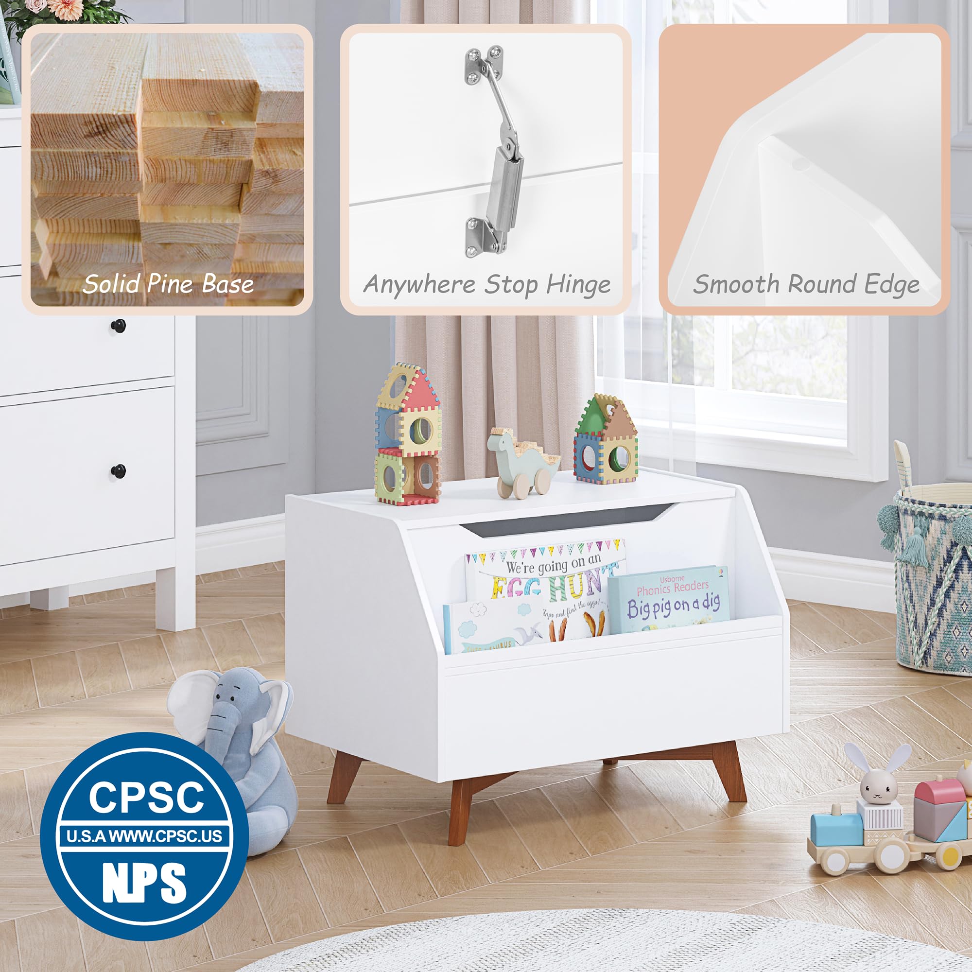 UTEX Kids Toy Box slow-closing lid prevents slams and pinches.