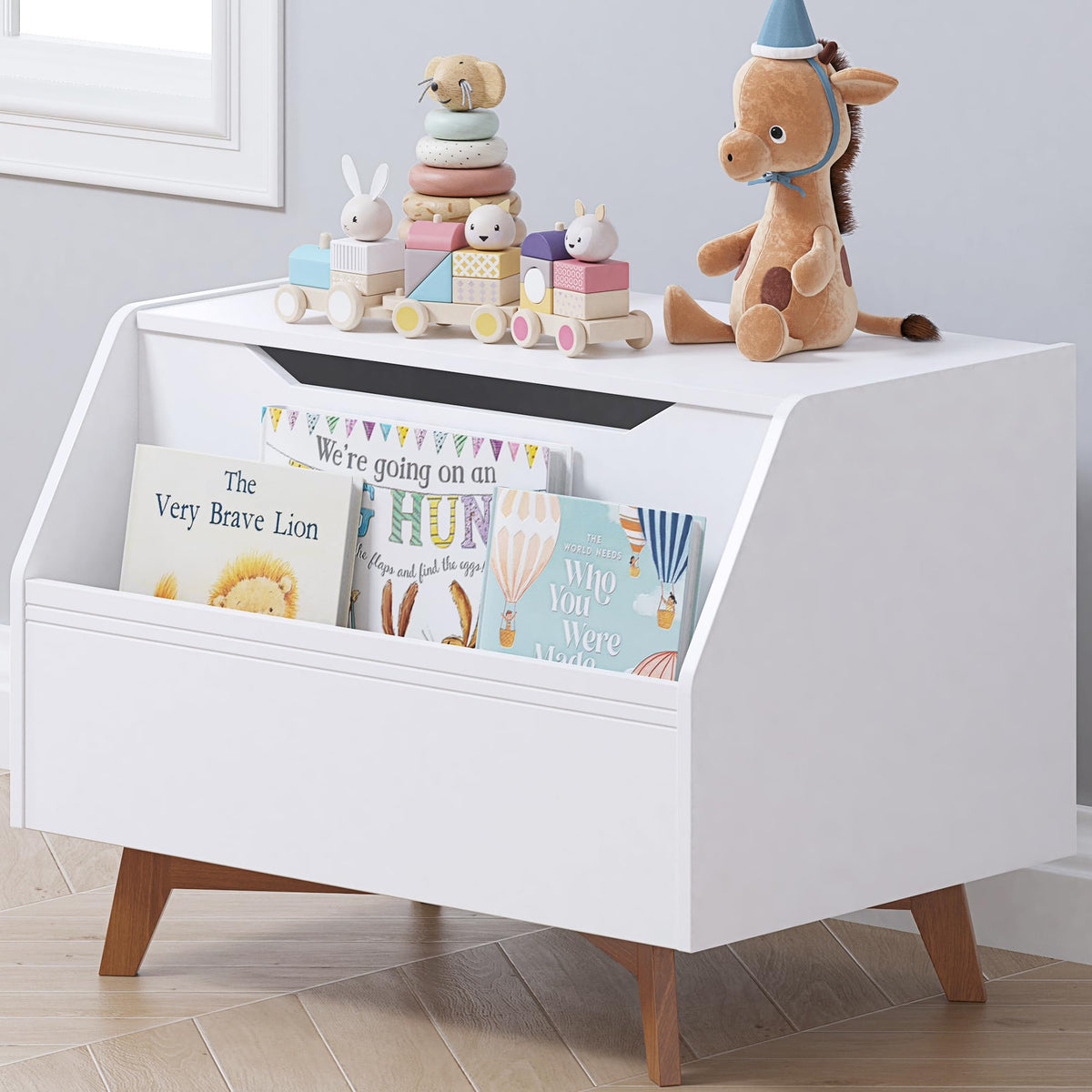 UTEX Kids Toy Box wooden chest showcases durable build and simple toy access.
