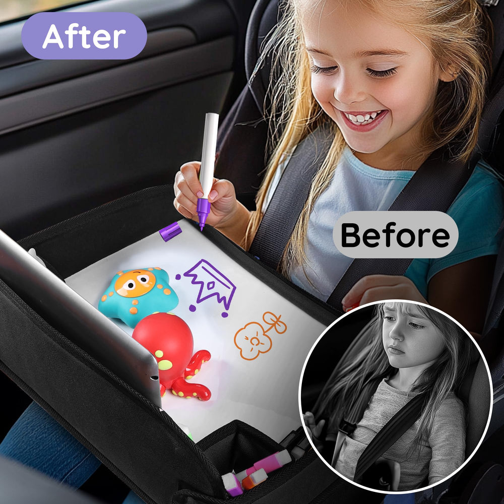 UTOLLOVE tray attached to car seat with adjustable straps provides wobble-free stability.