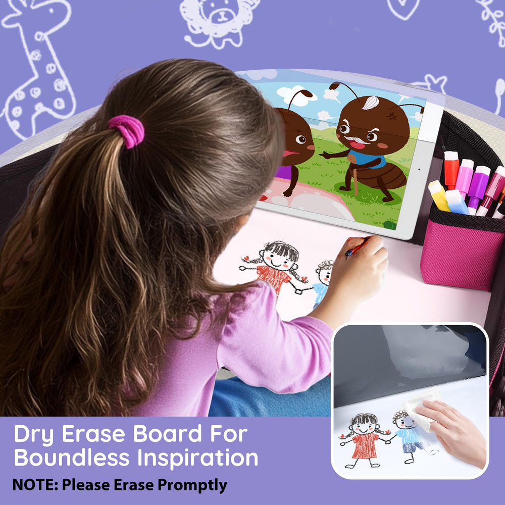 UTOLOVE travel tray adjustable straps secure to most seats for stable play.