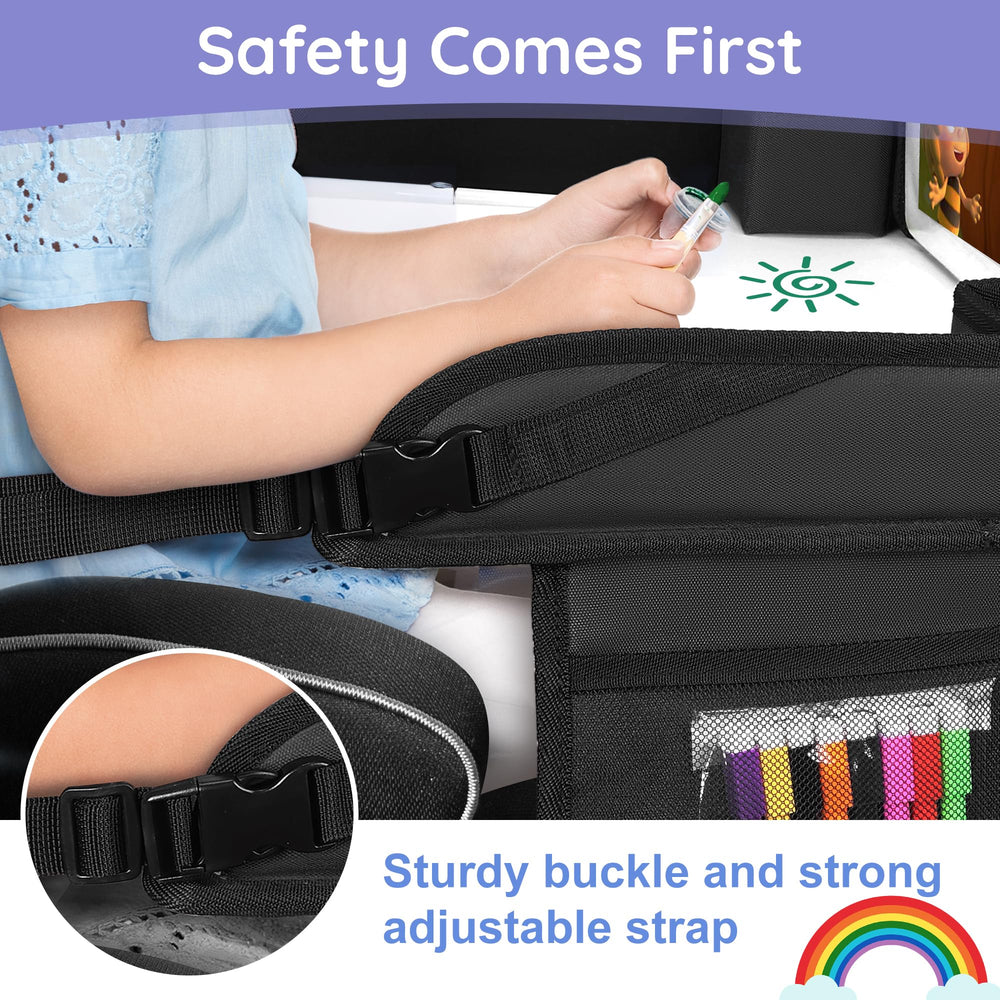 UTOLLOVE portable kid tray attached to airplane tray for distraction and independent play.