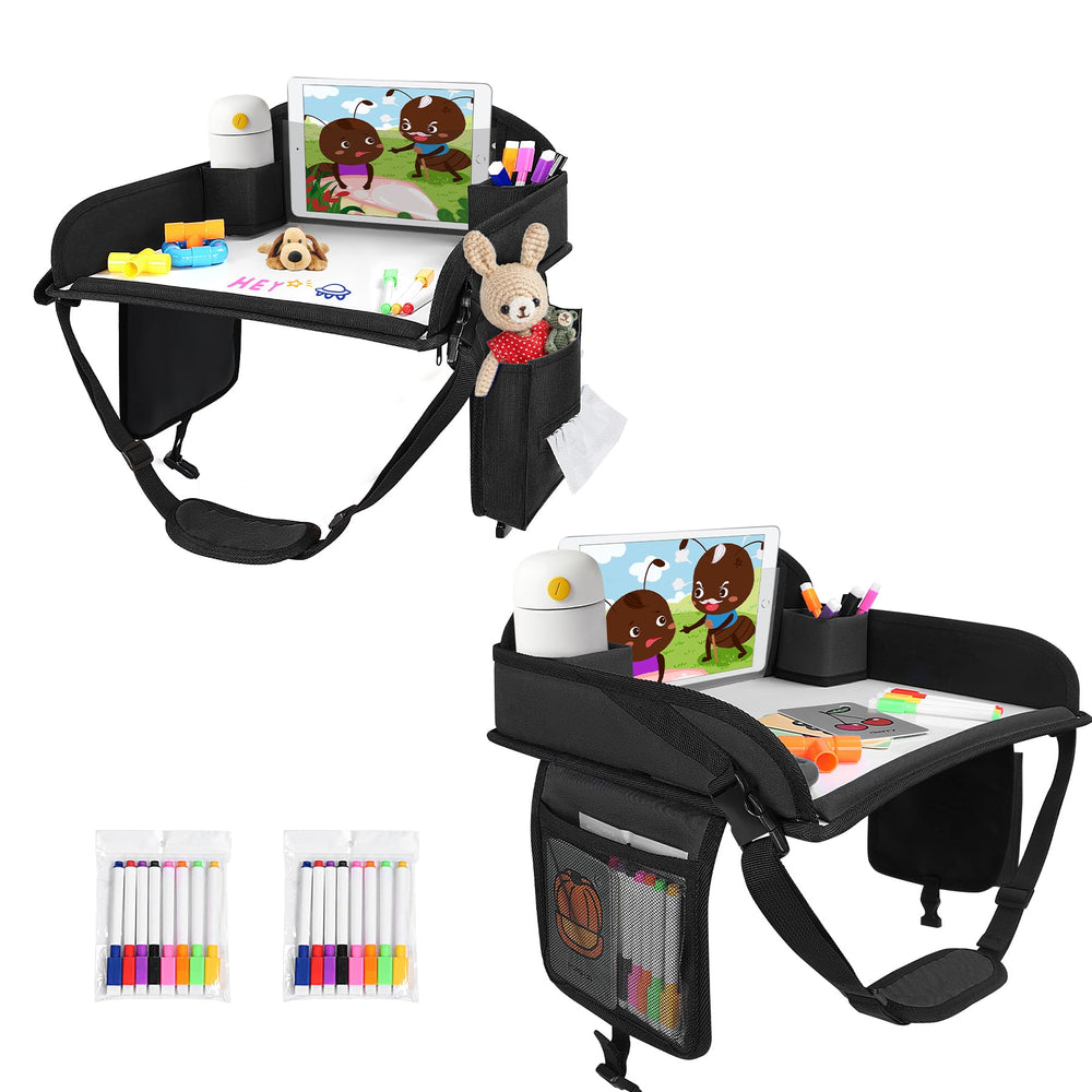 UTOLLOVE kids travel tray on car seat with organized snack and toy storage for road trips.