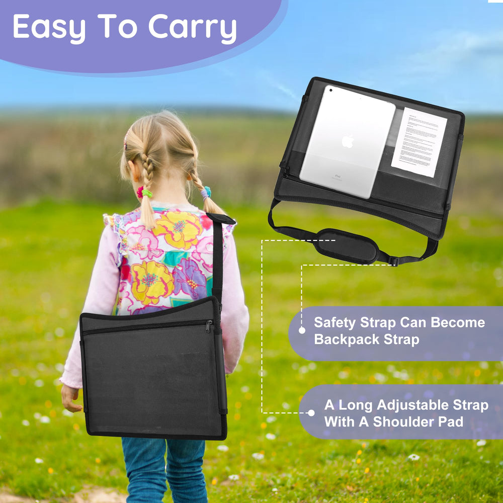 UTOLLOVE travel tray with storage pockets keeps water bottles, crayons, and toys neatly organized.