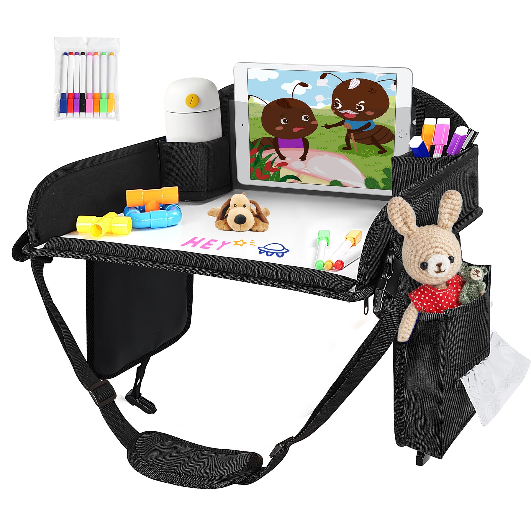 UTOLLOVE Kids Travel Tray with storage compartments keeps snacks and toys organized on the go.