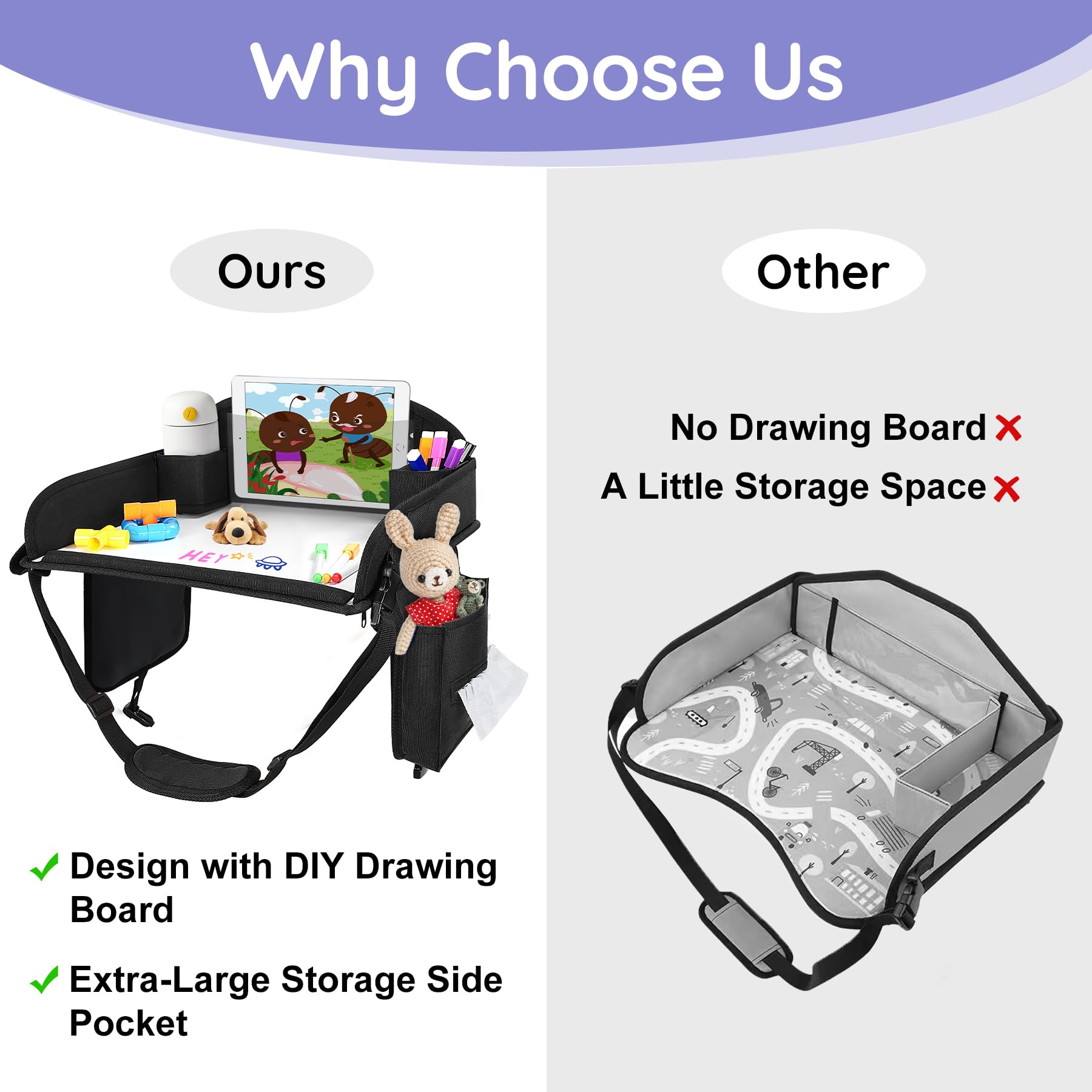 UTOLLOVE travel tray open view shows deep crayon wells and spill-proof snack compartments.