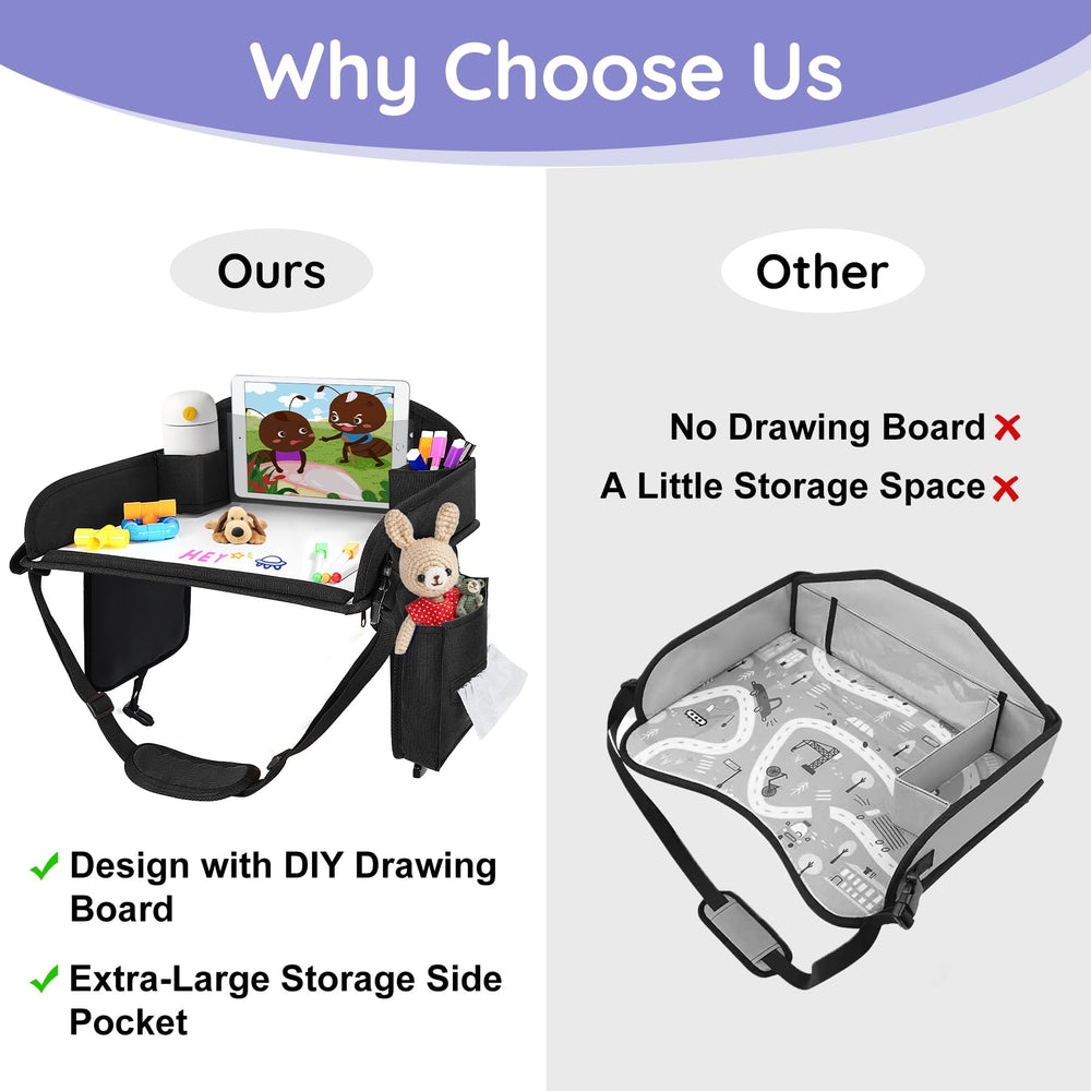 UTOLLOVE travel tray open view shows deep crayon wells and spill-proof snack compartments.