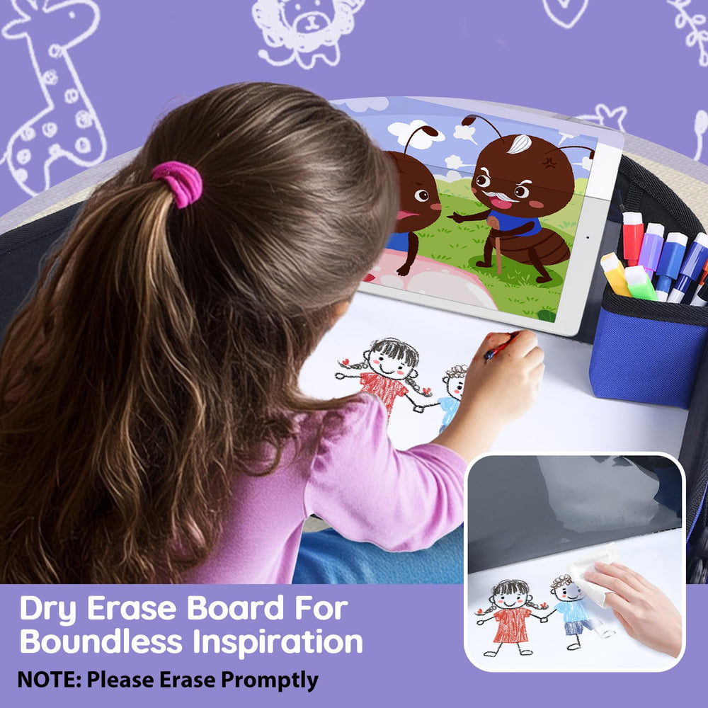 UTOLOVE travel tray storage detail showing snack and toy compartments