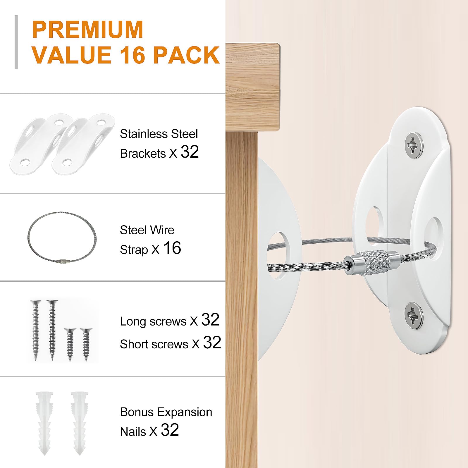 Utook Anchors securing a bookcase to a wall reduces tipping risk.