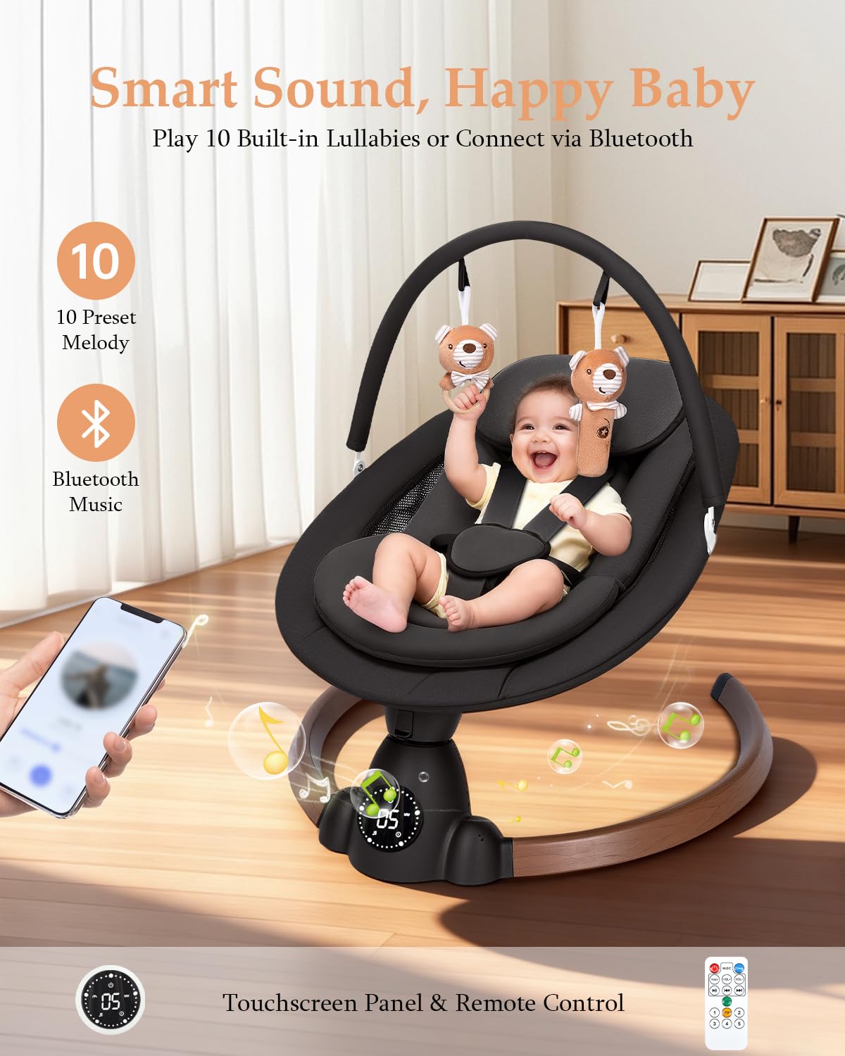 Uuoeebb baby swing Bluetooth music feature lets you stream soothing lullabies.