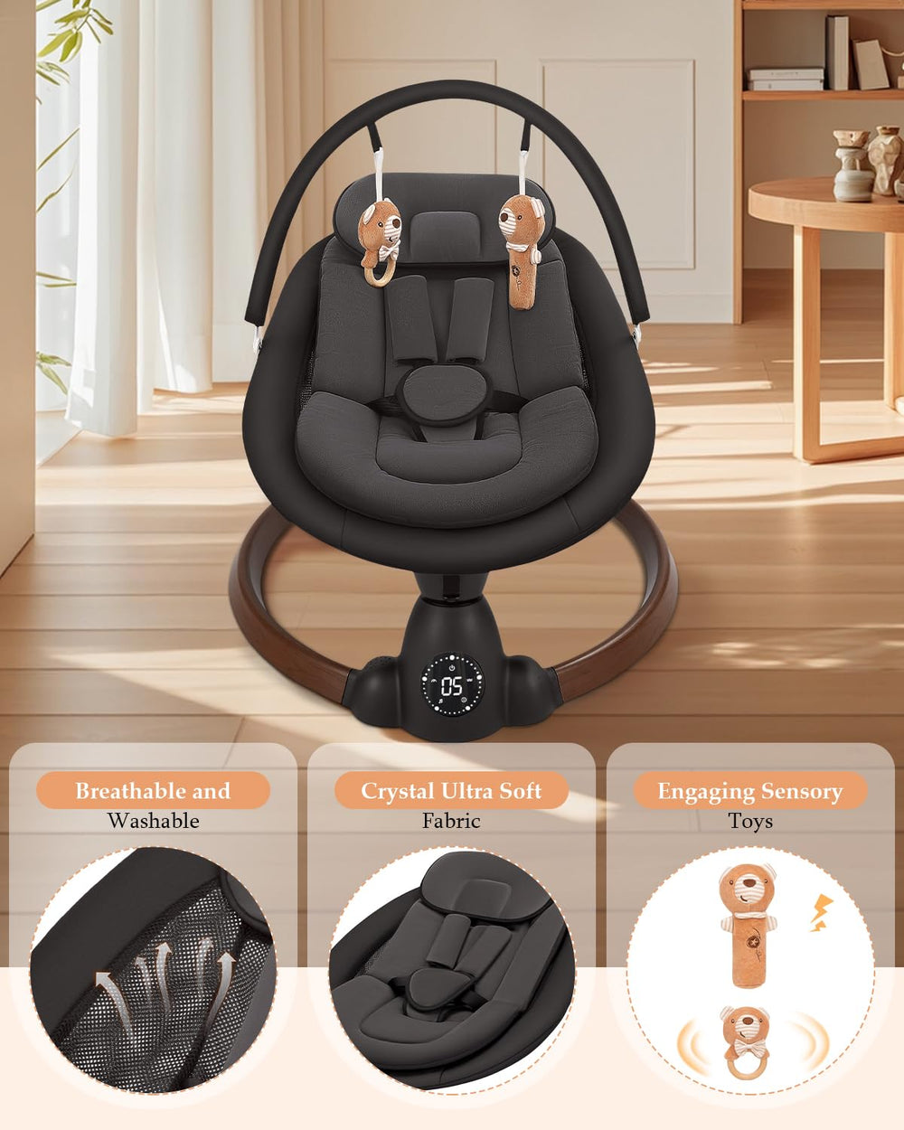 Uuoeebb baby swing control panel demonstrates easy touch controls and timer options.