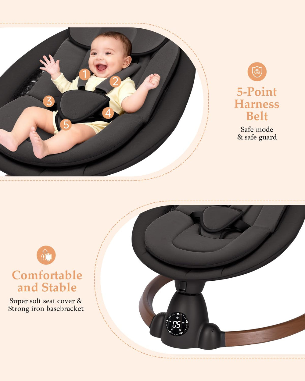 Uuoeebb baby swing five-point harness provides secure seating and newborn safety.