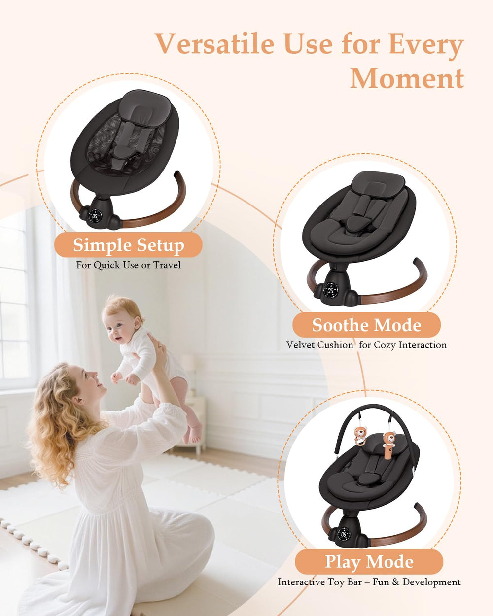 Uuoeebb baby swing in-use shot showing portable setup for indoor or outdoor use.