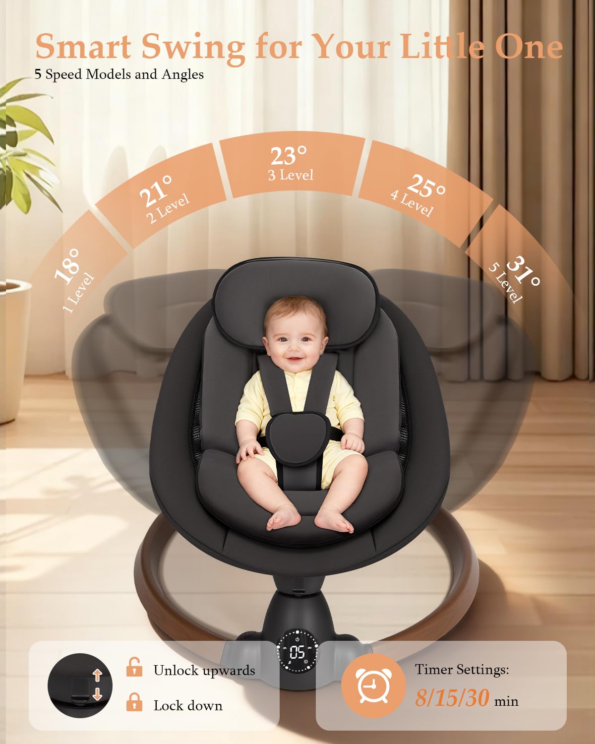Uuoeebb baby swing seat detail with breathable fabric for sensitive skin comfort.