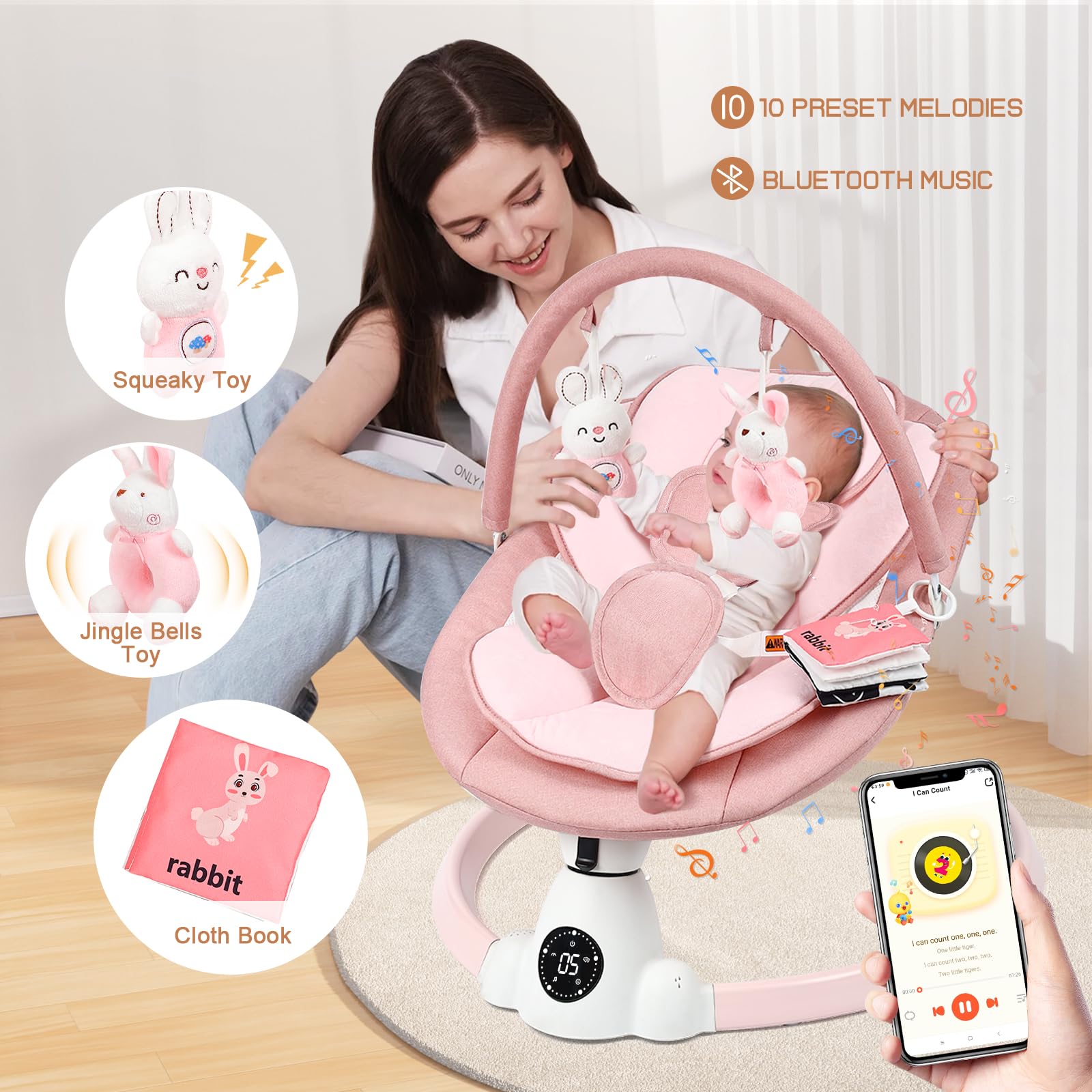 Uuoeebb baby swing in soft pink seat showcases cozy comfort during gentle naps