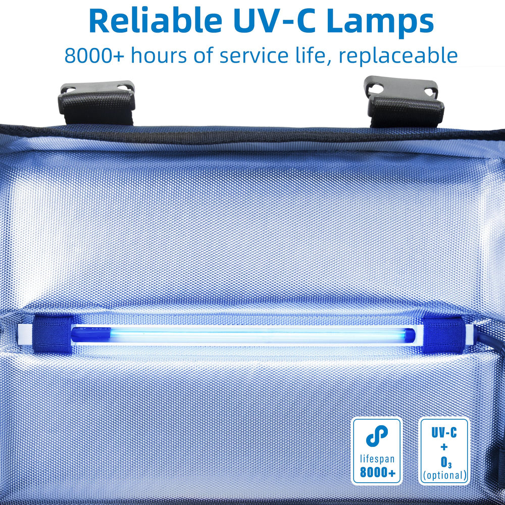 uvcoolplunge portable foldable box with an adjustable strap for easy on-the-go sanitizing.
