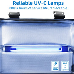 uvcoolplunge portable foldable box with an adjustable strap for easy on-the-go sanitizing.