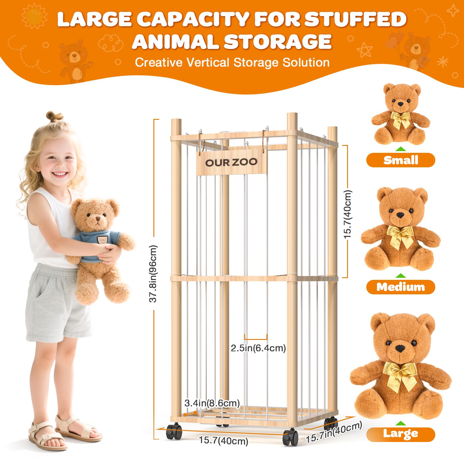 Uvellgift stuffed animal holder with brake wheels enabling moveable room organization.