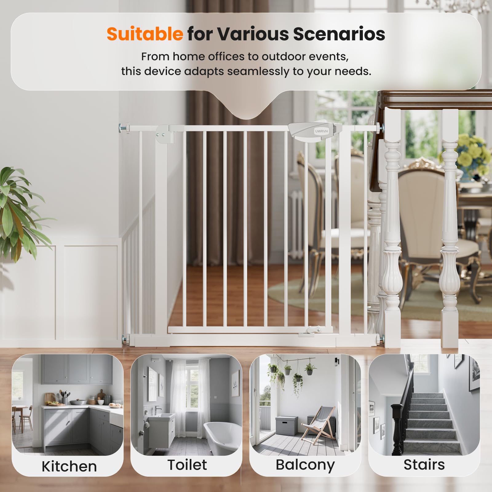 UWRVH Auto-Close Baby Gate walk-through design suits busy homes.