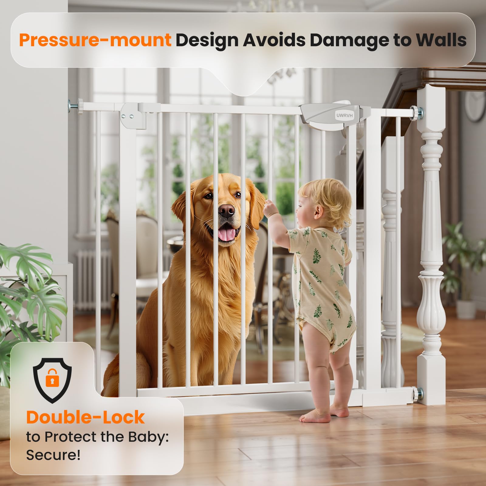 UWRVH Auto-Close Baby Gate in white blends with décor.