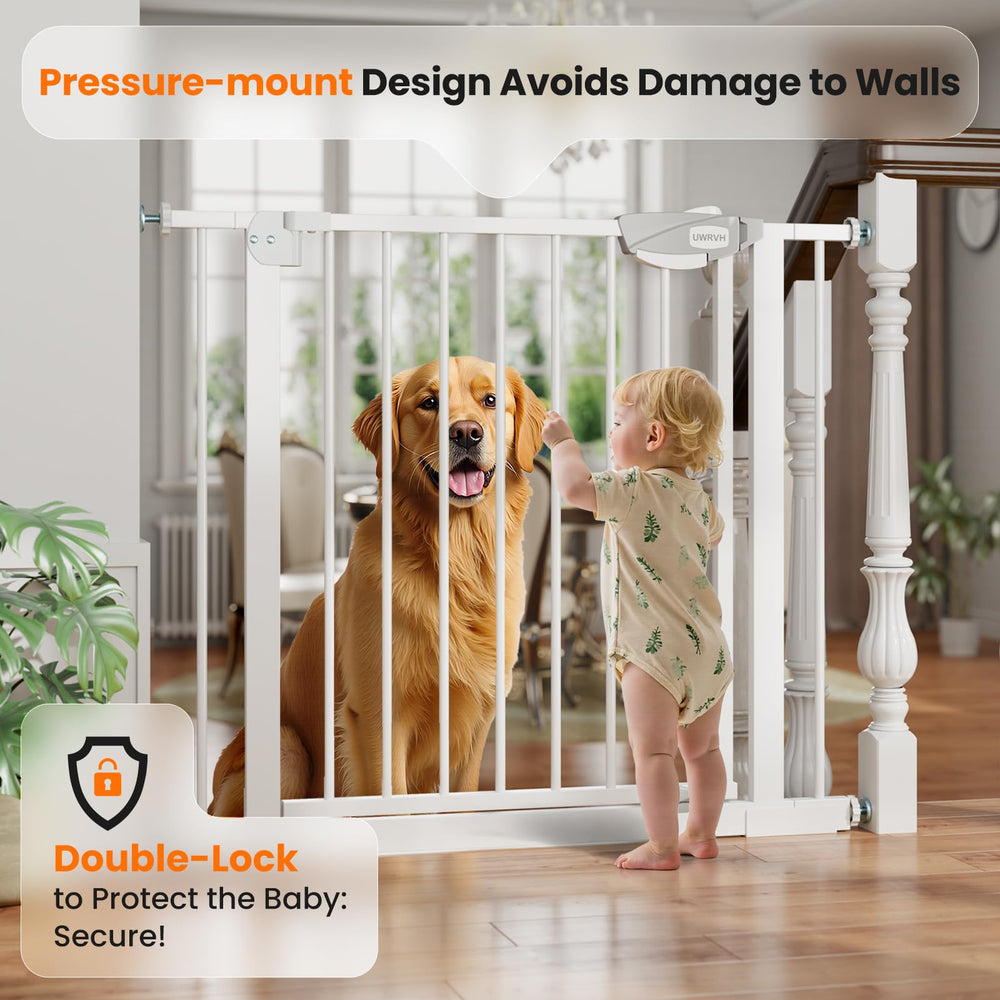 UWRVH Auto-Close Baby Gate in white blends with décor.