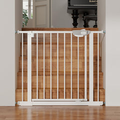 UWRVH Auto-Close Baby Gate on stairs shows a sturdy steel frame for safety.