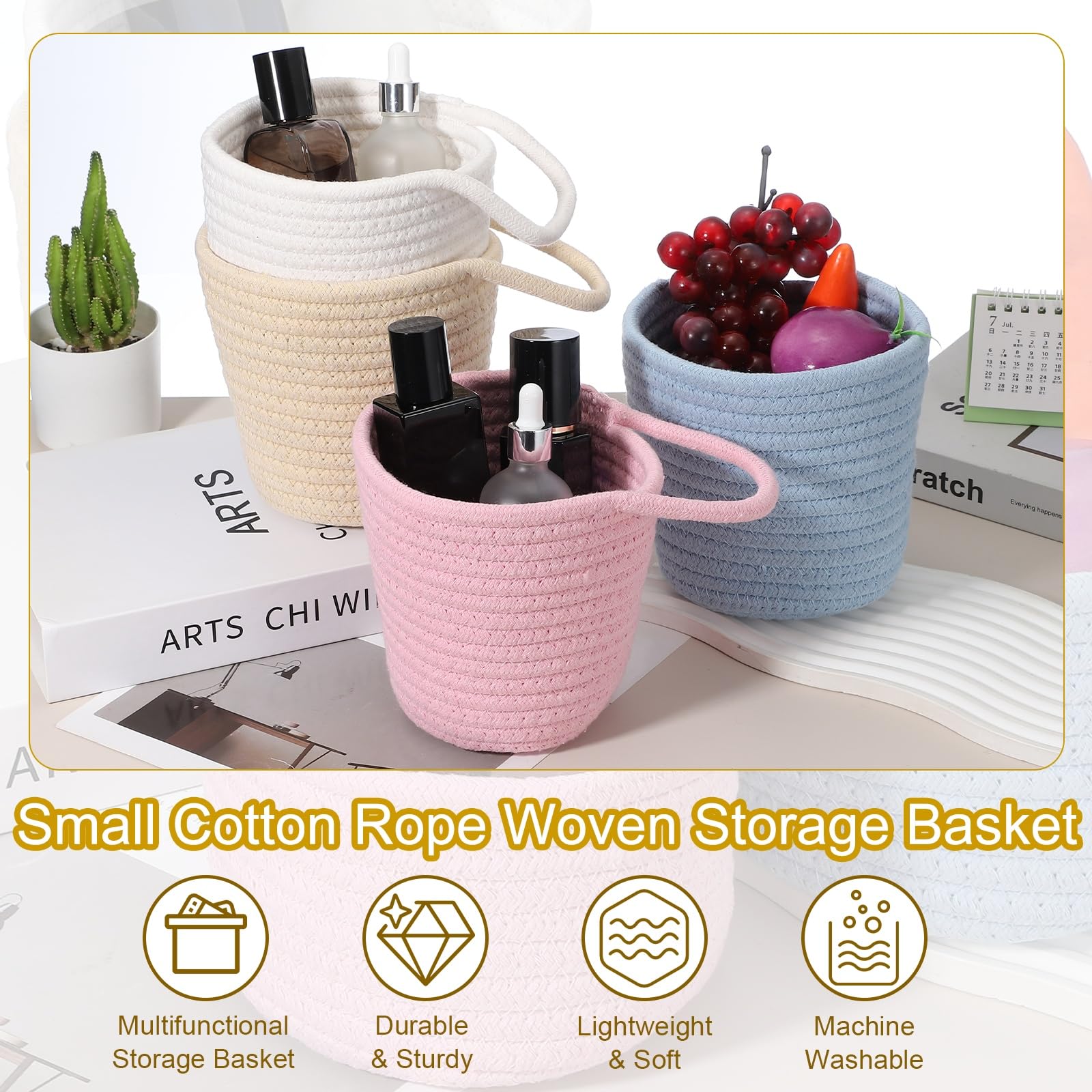 uxcell khaki cotton rope storage basket viewed from top emphasizes compact design.
