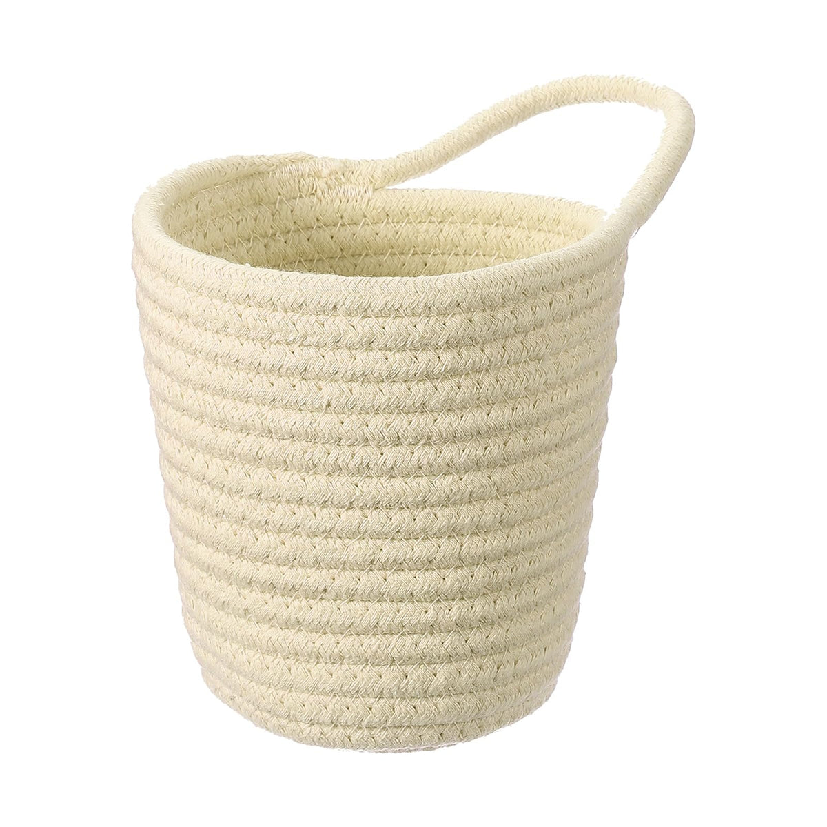uxcell khaki cotton rope storage basket with handle keeps items organized on shelves.