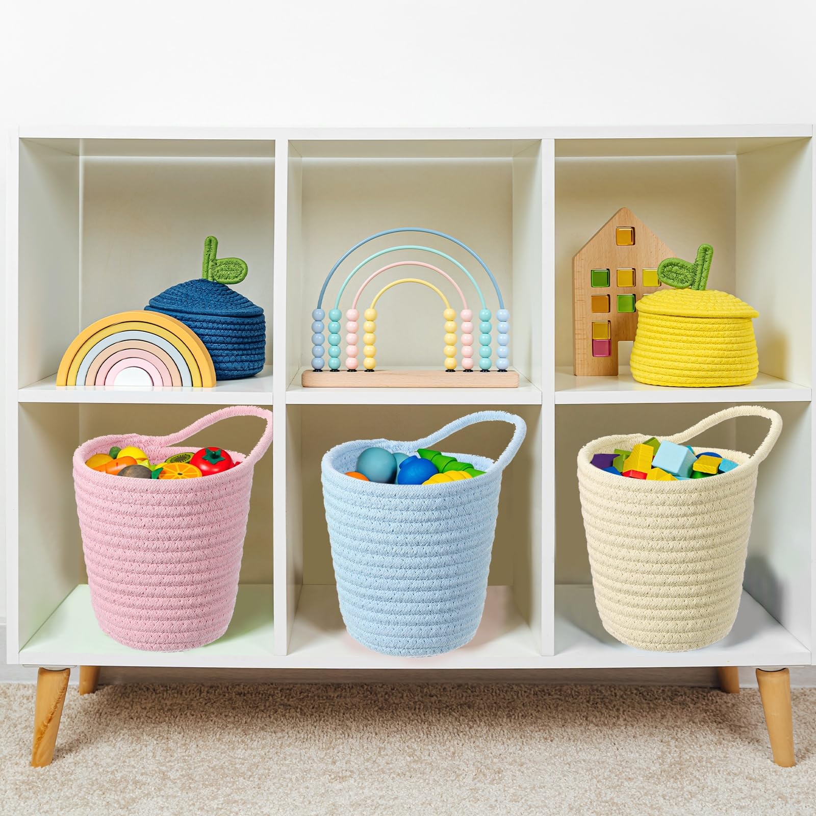 uxcell nursery-friendly basket used for toys and diapers keeps spaces tidy.