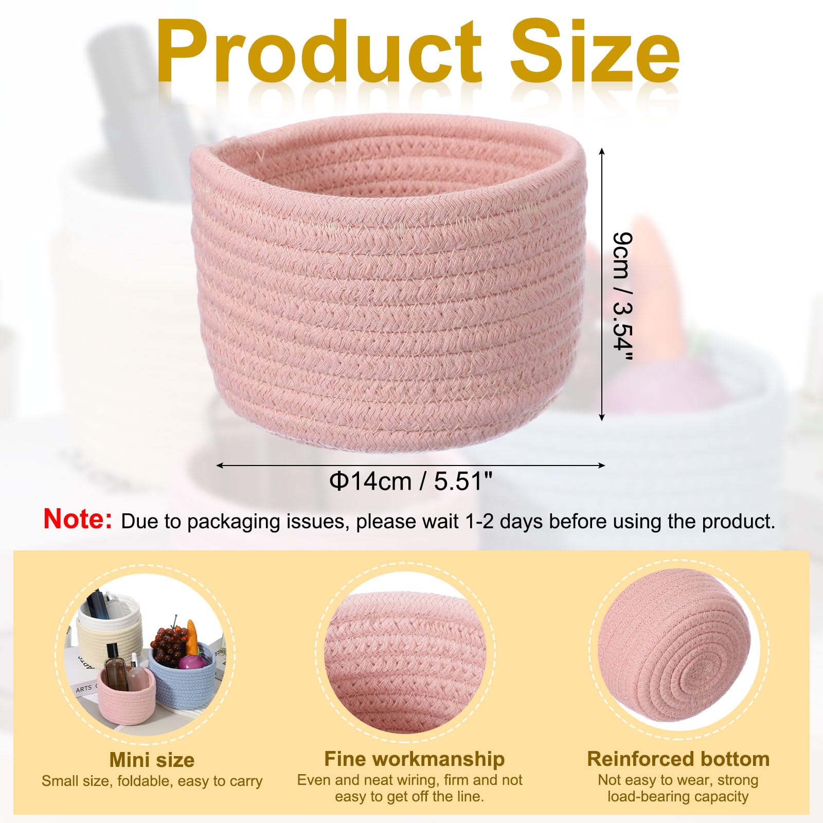 uxcell pink small cotton rope basket side view, compact round shape for tight spaces