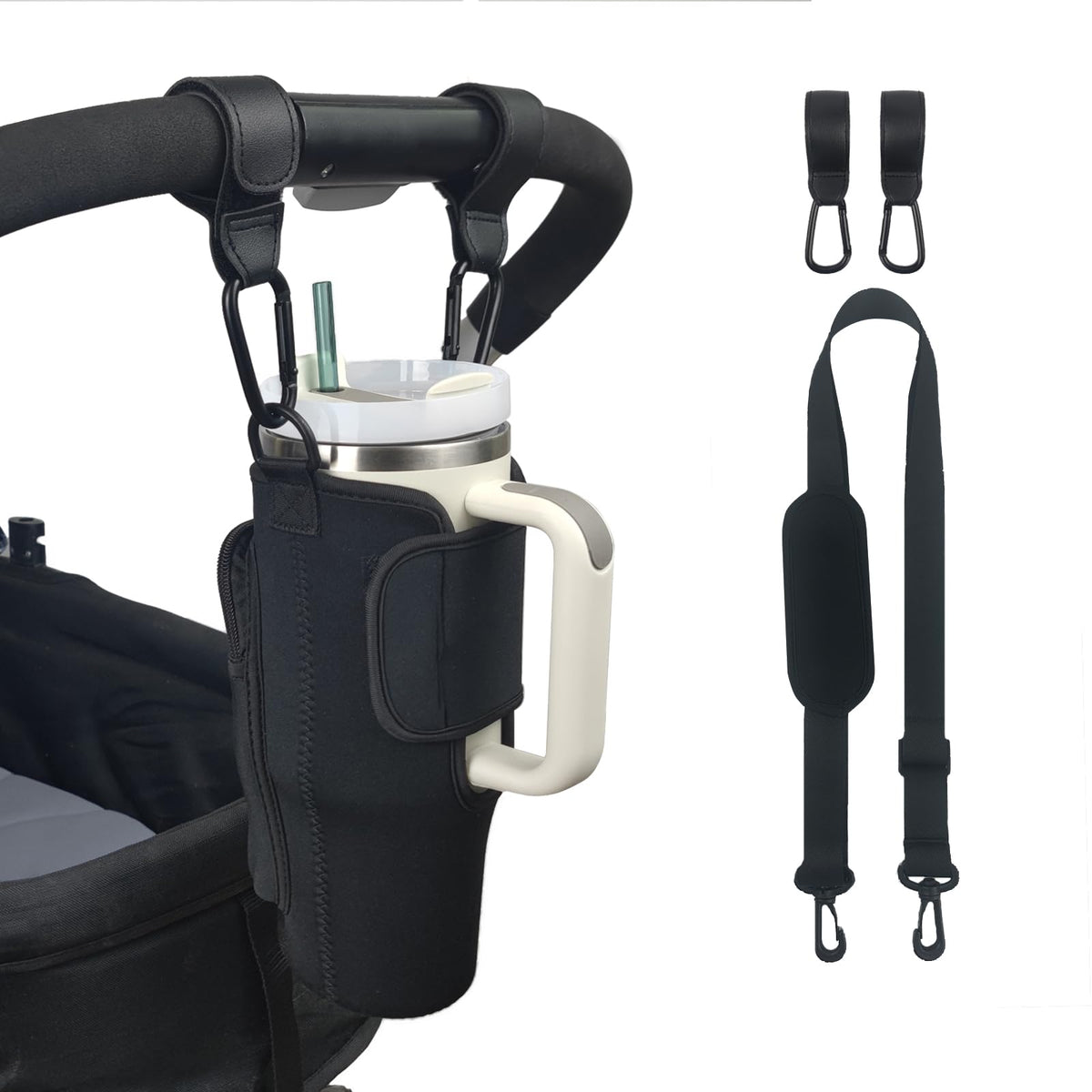 UXIETIN stroller cup holder attached to a stroller handle for easy Stanley cup access.