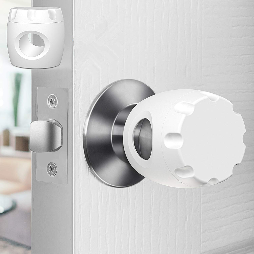 Uxoz door knob safety cover pack on a door shows four-pack suitability for family homes.