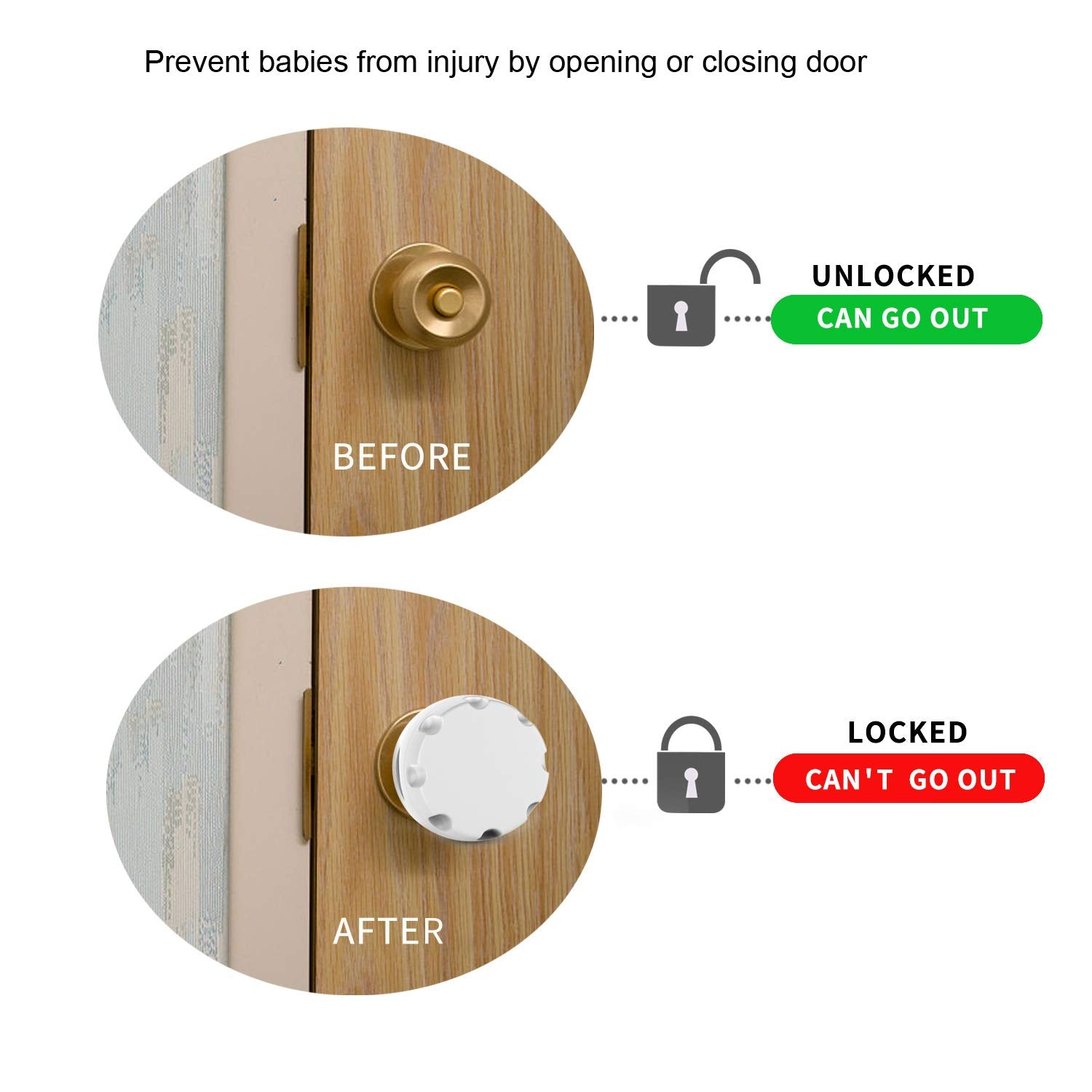Uxoz safety cover on a knob keeps babies away from toilet and kitchen doors.