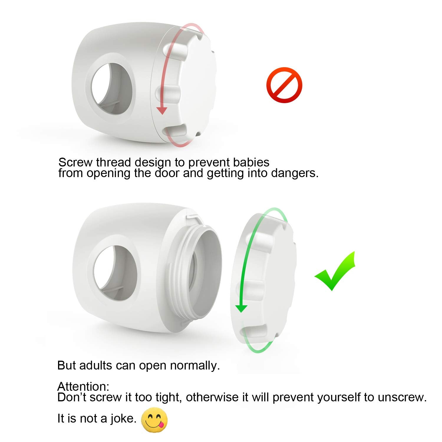Uxoz door knob safety cover with screw thread design prevents easy unscrewing by toddlers.