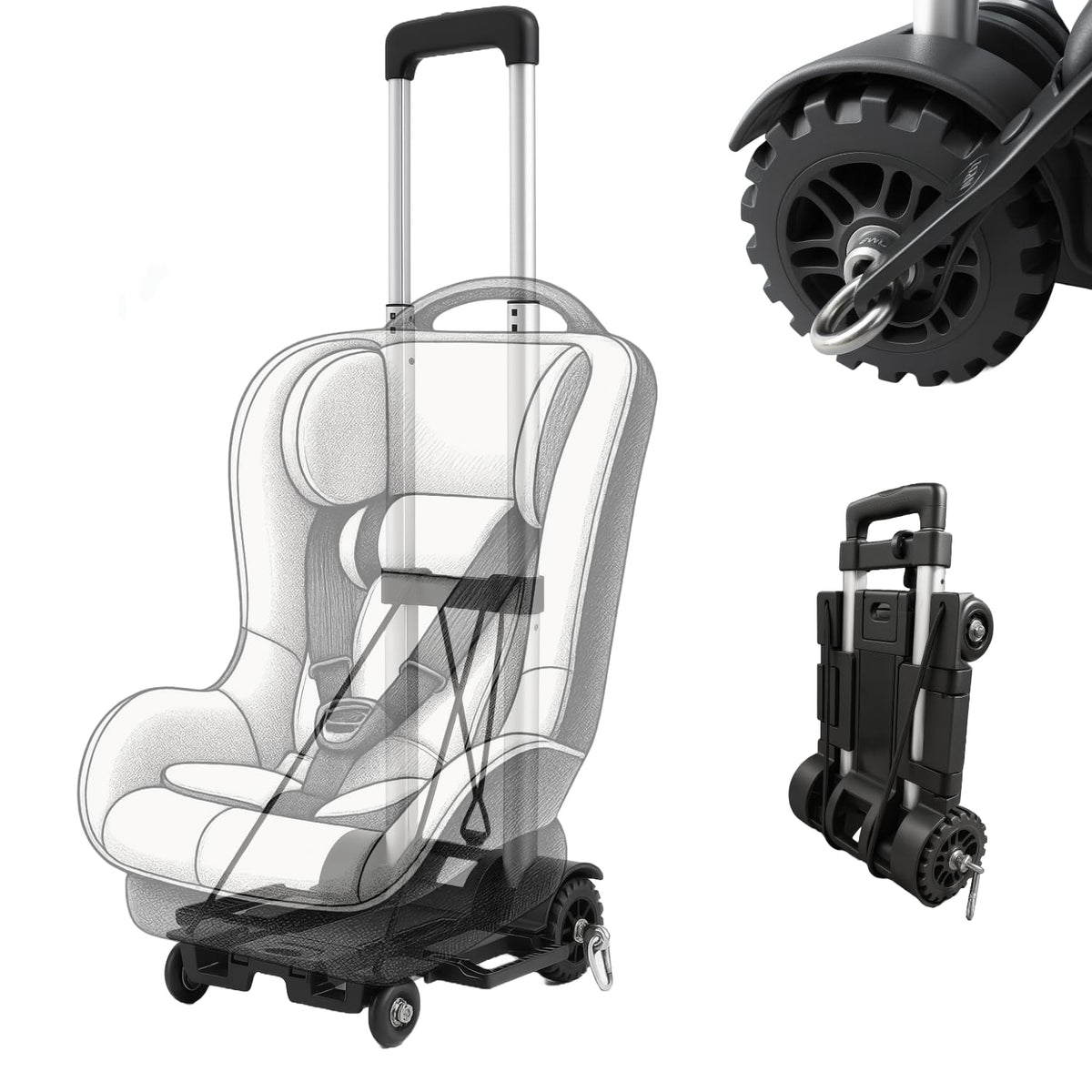 V VOLKGO car seat dolly isoifix attachment demonstrates quick, secure setup.