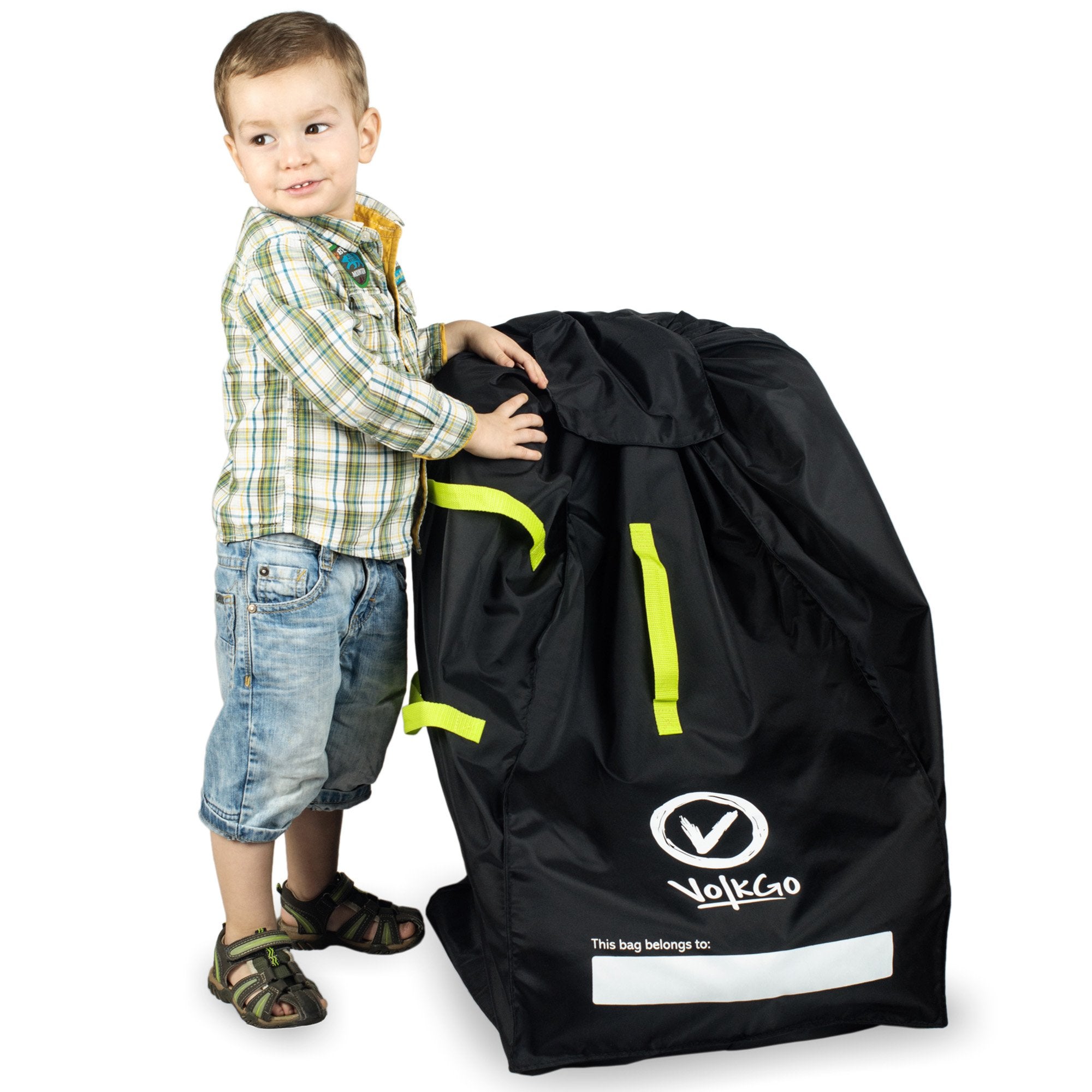 V VOLKGO car seat travel bag front view with padded straps for easy hands-free carrying
