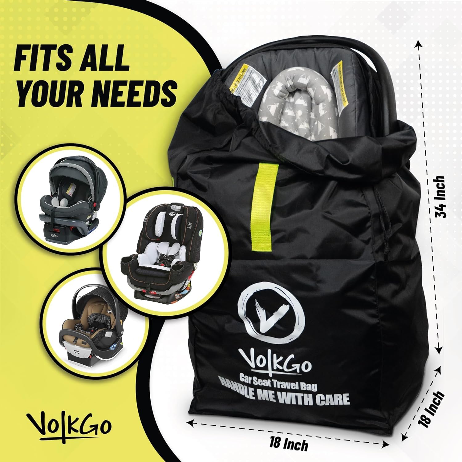 V VOLKGO car seat travel bag strap close-up featuring two adjustable backpack straps