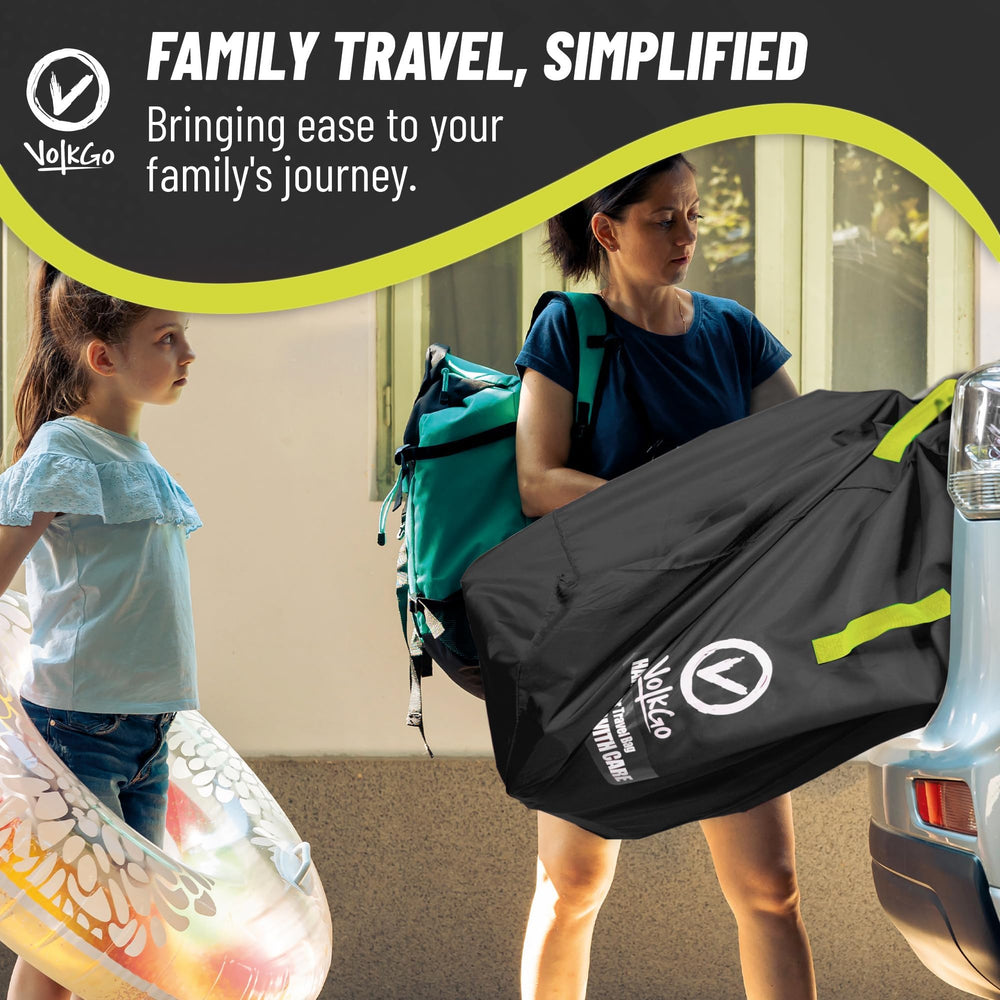 V VOLKGO Travel-ready bag alongside car seat demonstrates combined-gear packing.