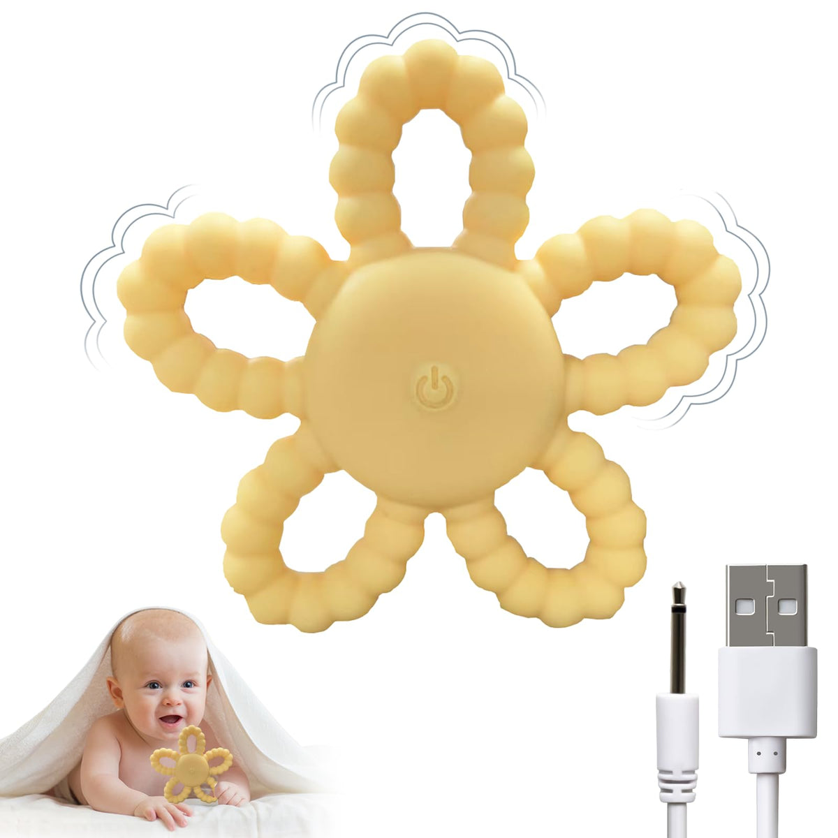 V7T7V7 vibrating teether with flower design offers soothing sensory input during teething