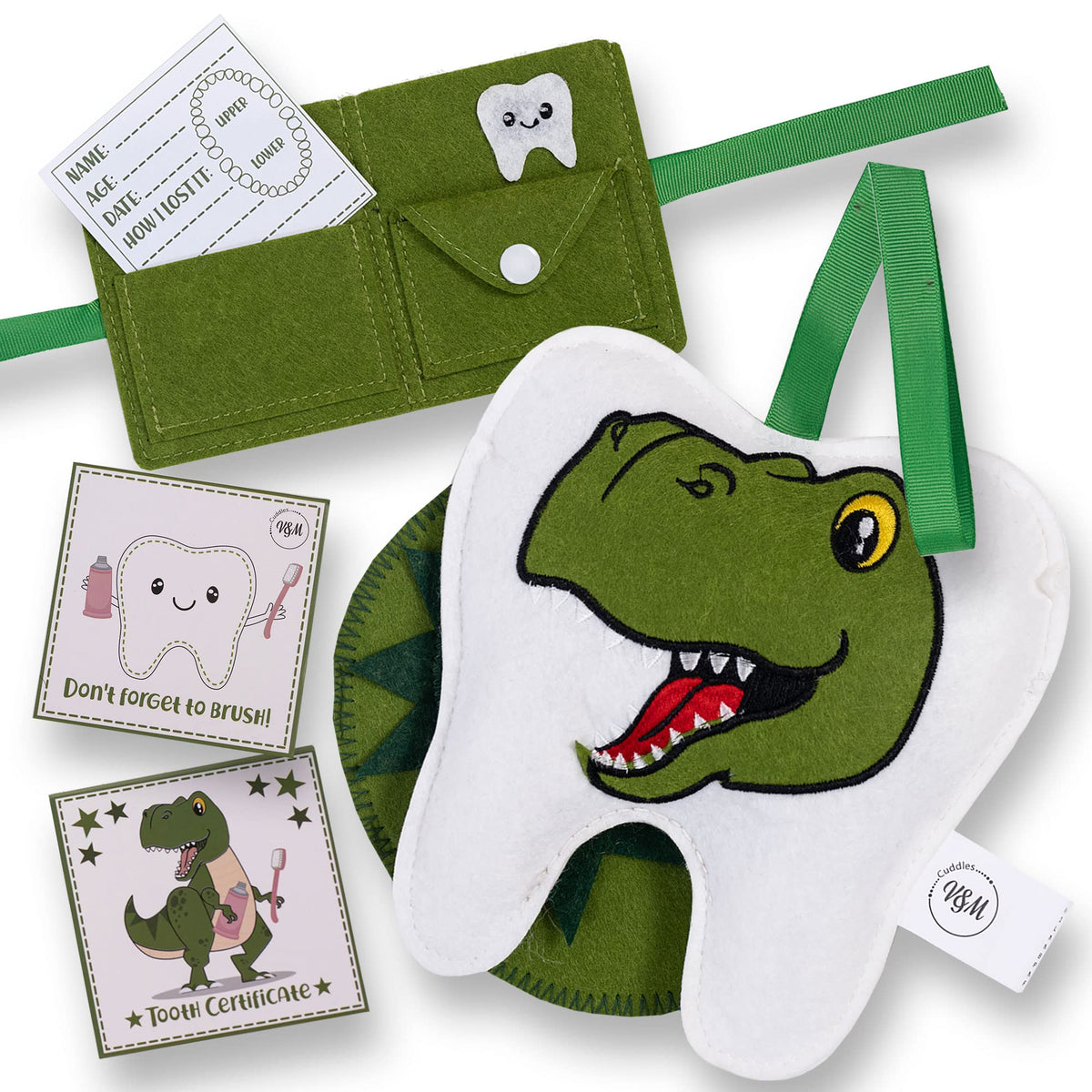V&M Cuddles Dinosaur Tooth Fairy Pillow close-up showing soft felt texture for gentle bedtime rituals.